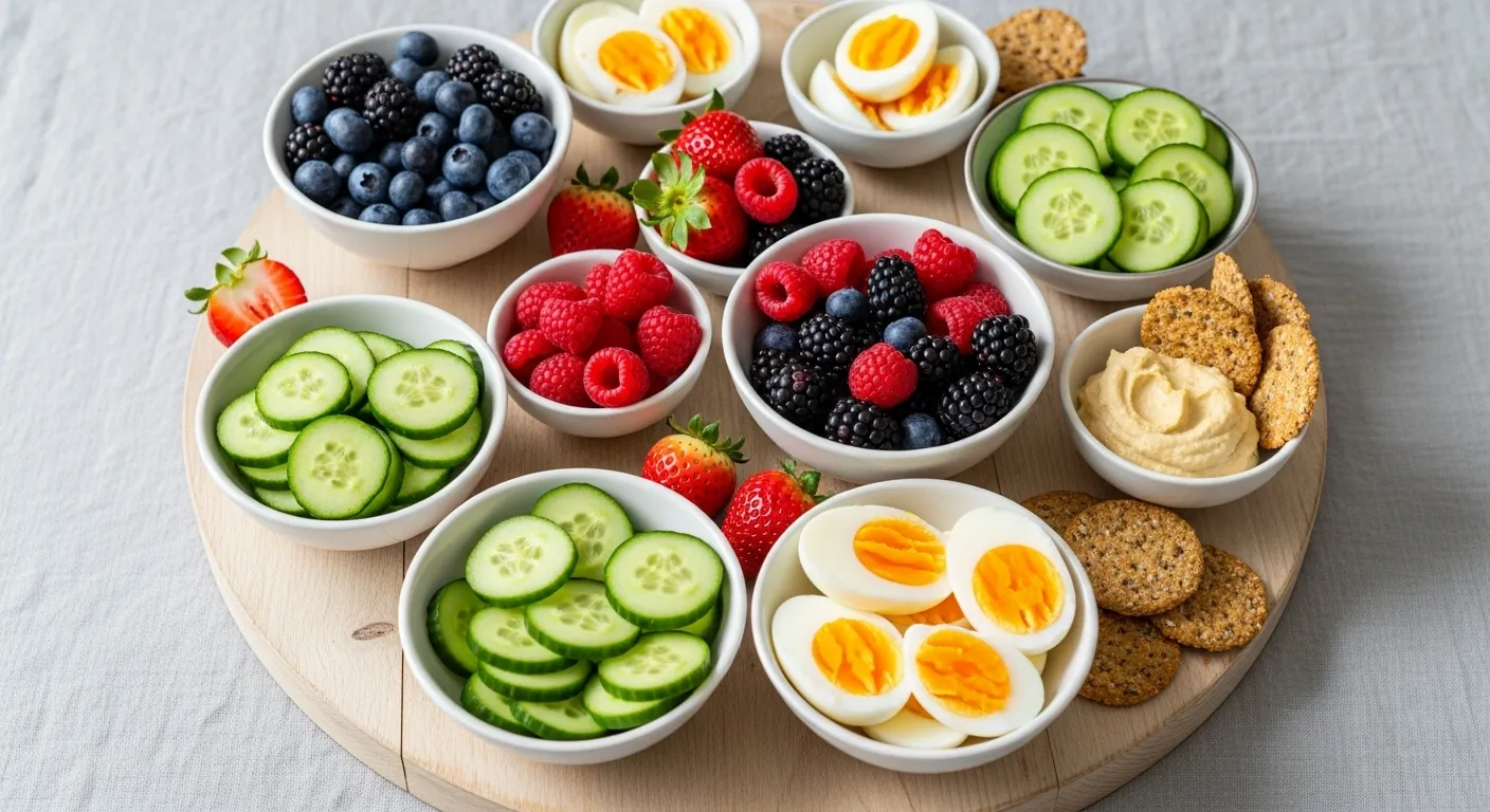 Tabla con tazones de comida saludable
